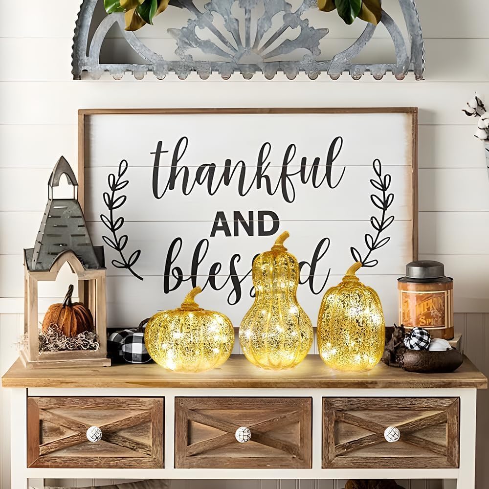 NEEDOMO Lighted Glass Pumpkin Decor, Set of 3 Gold Mercury Glass Pumpkins with Lights and Timer for Fall Thanksgiving Decorations, LED Collectible Figurines Fall Centerpiece for Tables Home