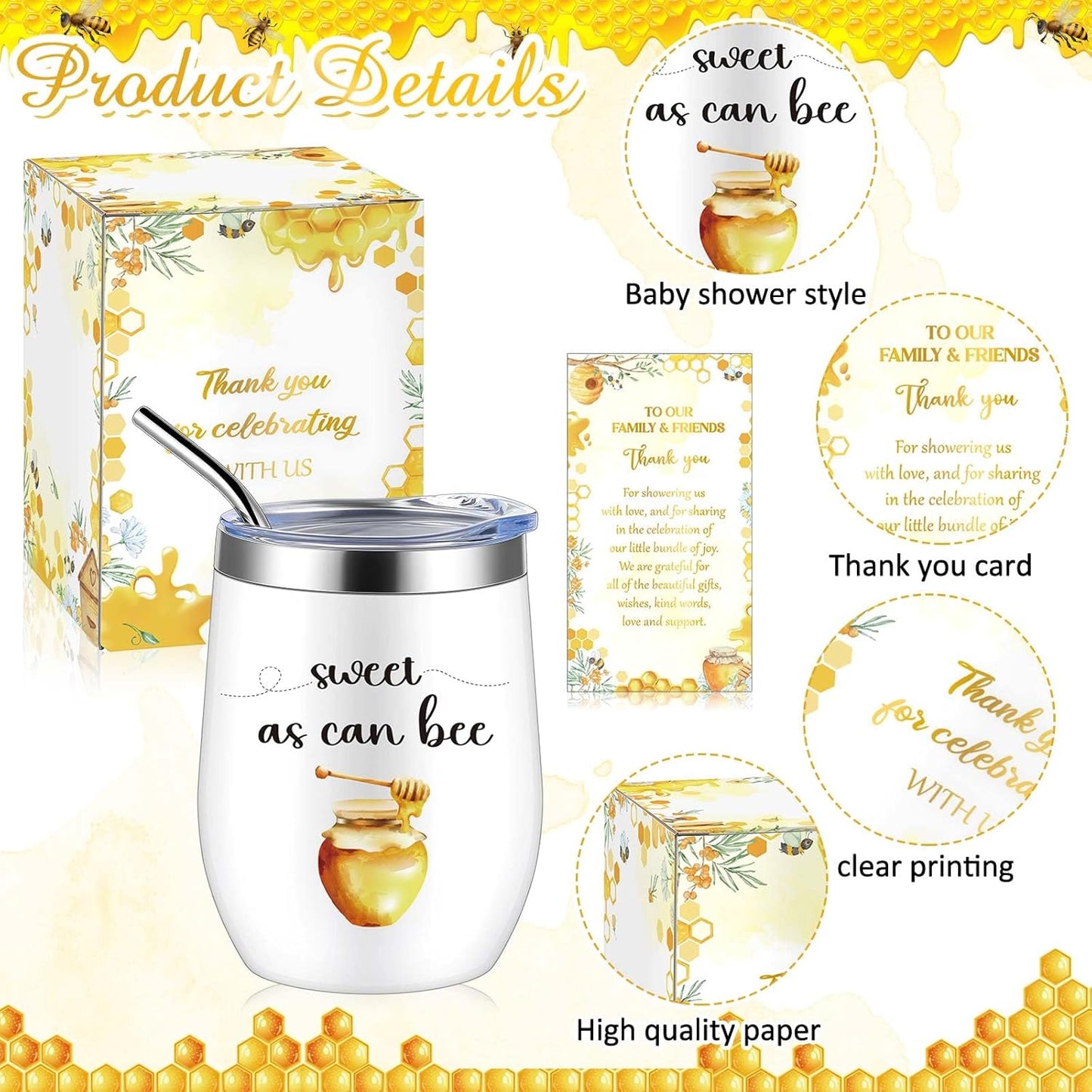 Hoolerry 6 Set Baby Shower Game Prizes for Guests Winners 12 oz Insulated Stainless Steel Tumbler Cup with Lids, Straws, Cleaning Brush, Cards & Boxes Return Gifts(Yellow,Bee Honey)