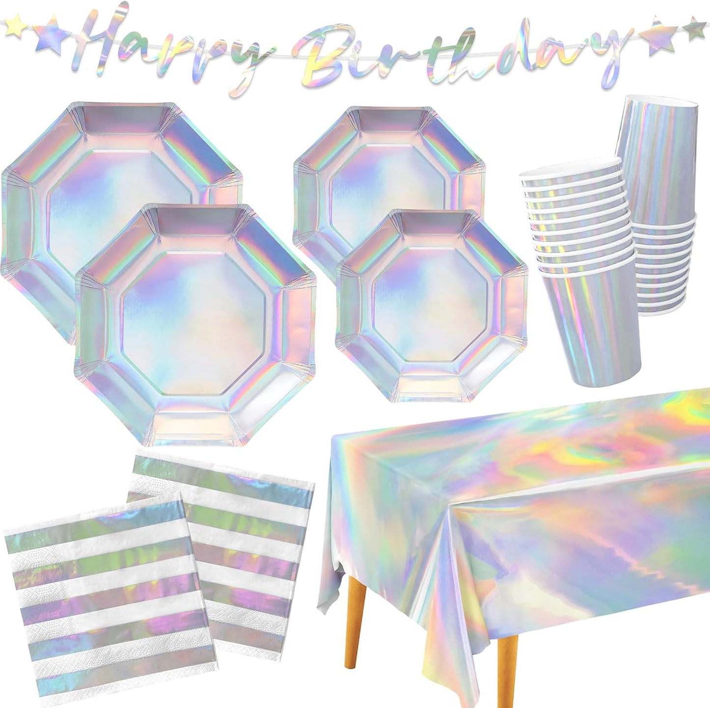 Iridescent Party Supplies - Disposable Paper Plates, Cups, Napkins, Tablecloth & Banner - Ideal for Mermaid Themed Events & Birthday or Wedding Party Decoration - Serves 25