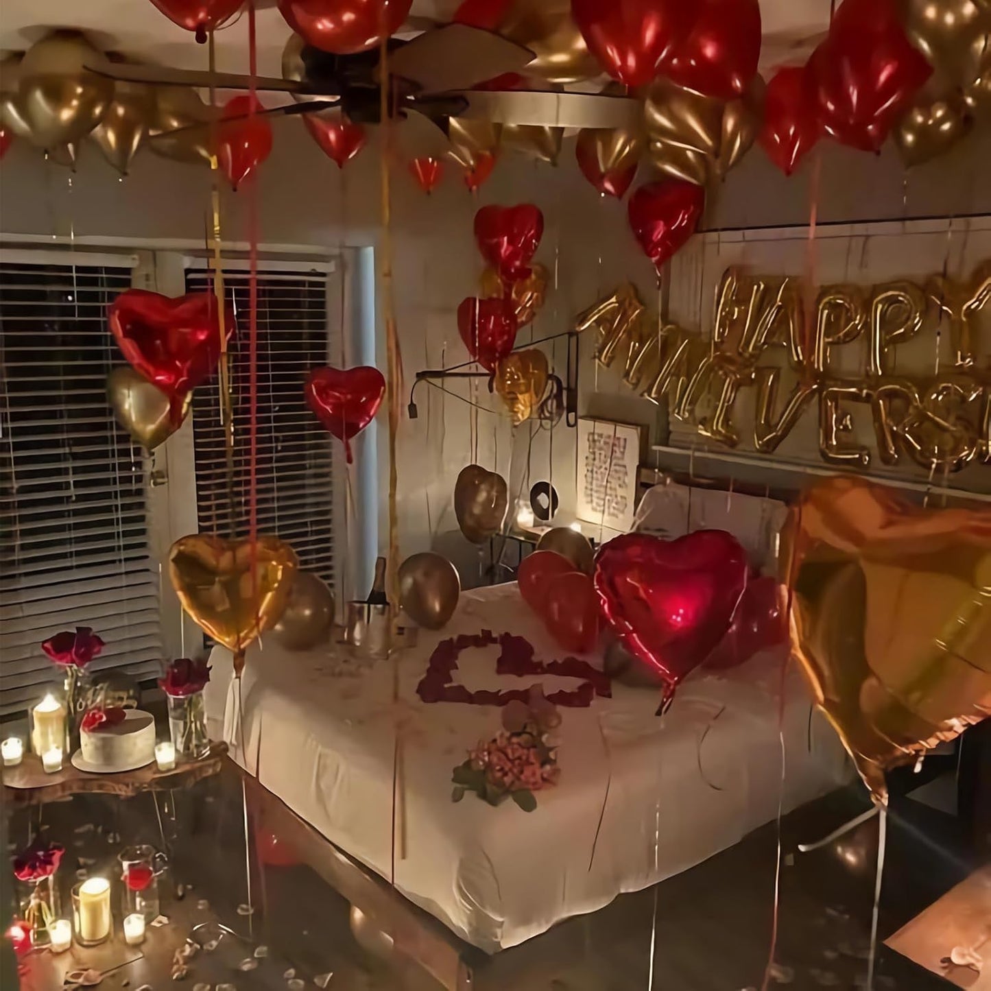 Anniversary Decorations, Happy Anniversary Banner, Hanging String Hearts, Red and Gold Balloons, Love Balloon, Red Silk Rose Petals for Wedding Bridal Shower Bachelorette Party Decorations