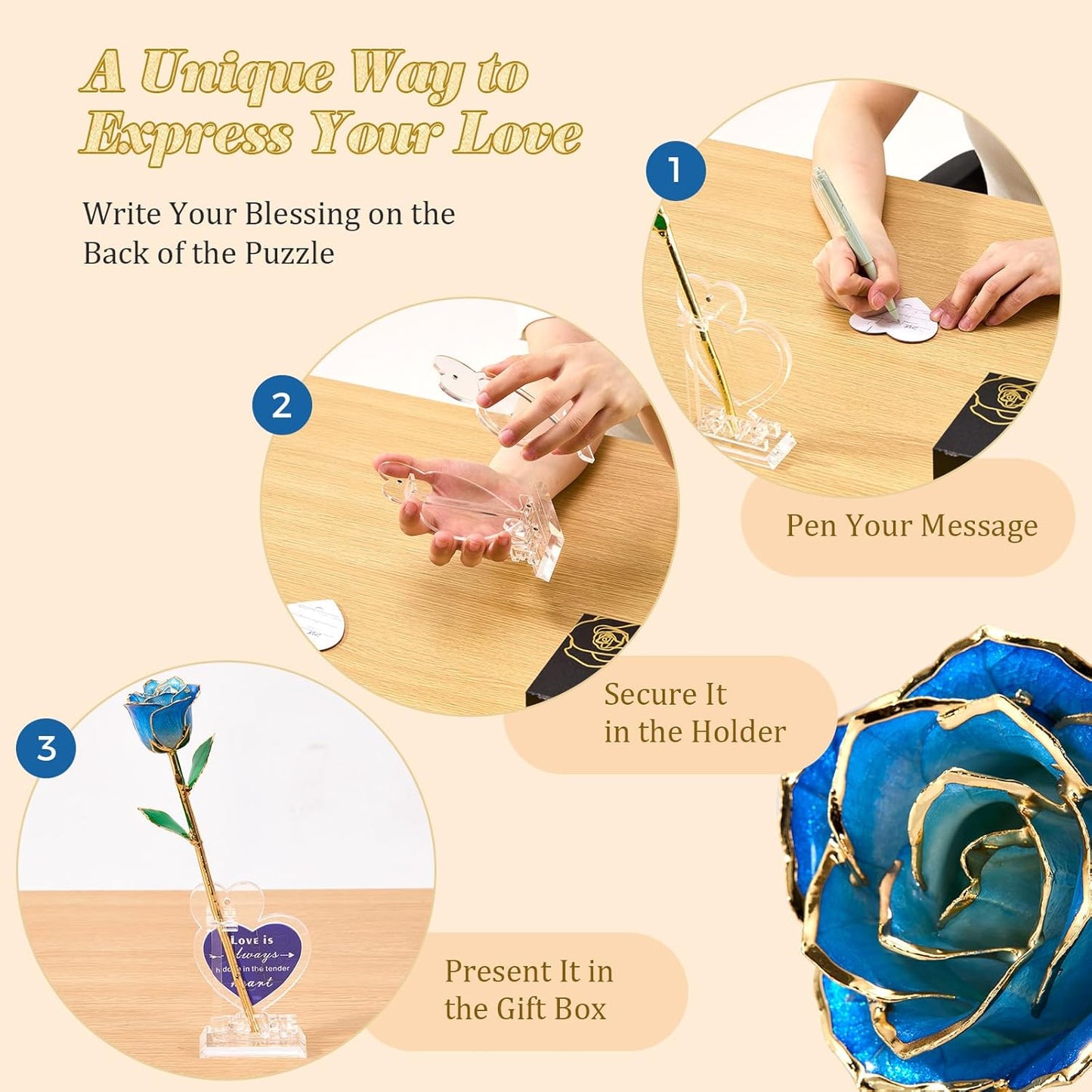 Mikasol Real 24K Gold Dipped Realistic Rose – Timeless Lifelike Bloom with Heart Puzzle Base – Romantic Gradient Blue Flower Gift for Her, Wife, Girlfriend, Mom – Birthday, Anniversary, Mother’s Day