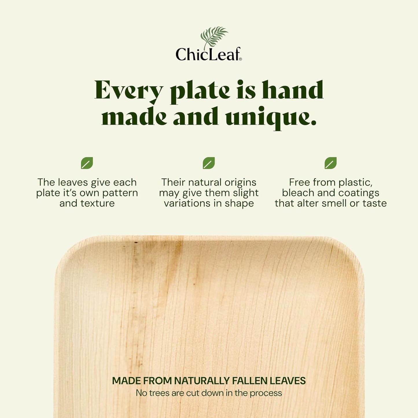 Chic Leaf Compostable Palm Leaf Party Plates & Disposable Cups Set - 10in & 7in Pack for 45, Natural - Square Wood Appetizer Plates & Biodegradable Napkins