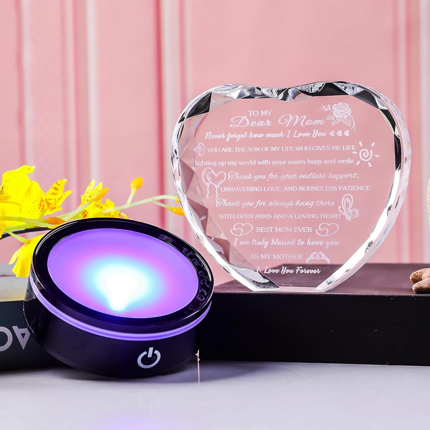 Gifts for Mom with Colorful LED Base Unique Moms Birthday Gifts from Daughter Son Crystal Heart Keepsakes to My Mom Gift for Mother's Day Thanksgiving Best Mother Ever Presents