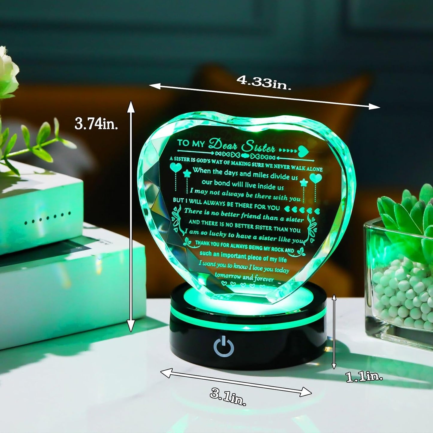 Sister Birthday Gifts Meaningful Sister Gift with Colorful LED Base from Sister Brother Heart Crystal to My Sister Present Sister Gifts for Women on Christmas Mothers Day Valentines Wedding