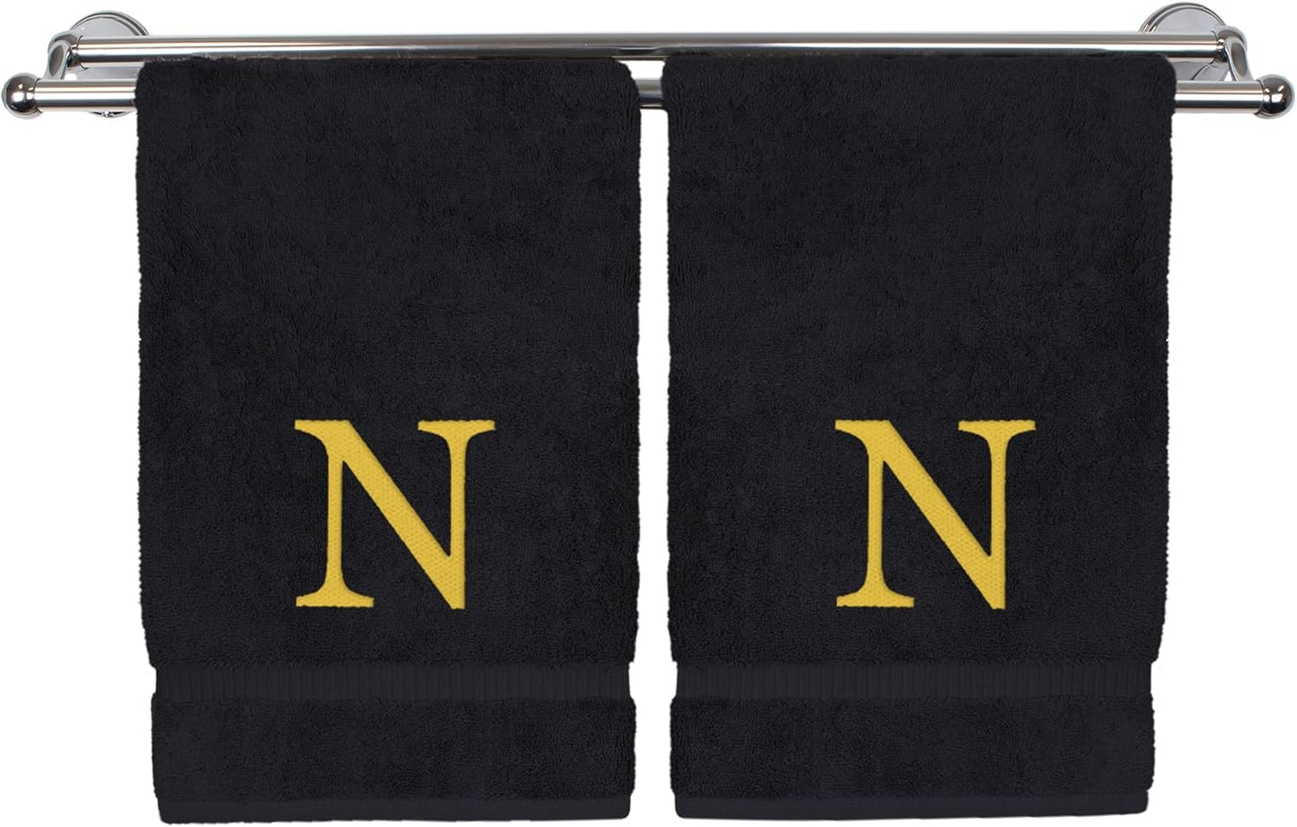 Monogrammed Hand Towel, Personalized Gift, Set of 2- Gold Block Letter Embroidered Towel - Extra Absorbent 100% Turkish Cotton - Soft Terry Finish - Initial N Black