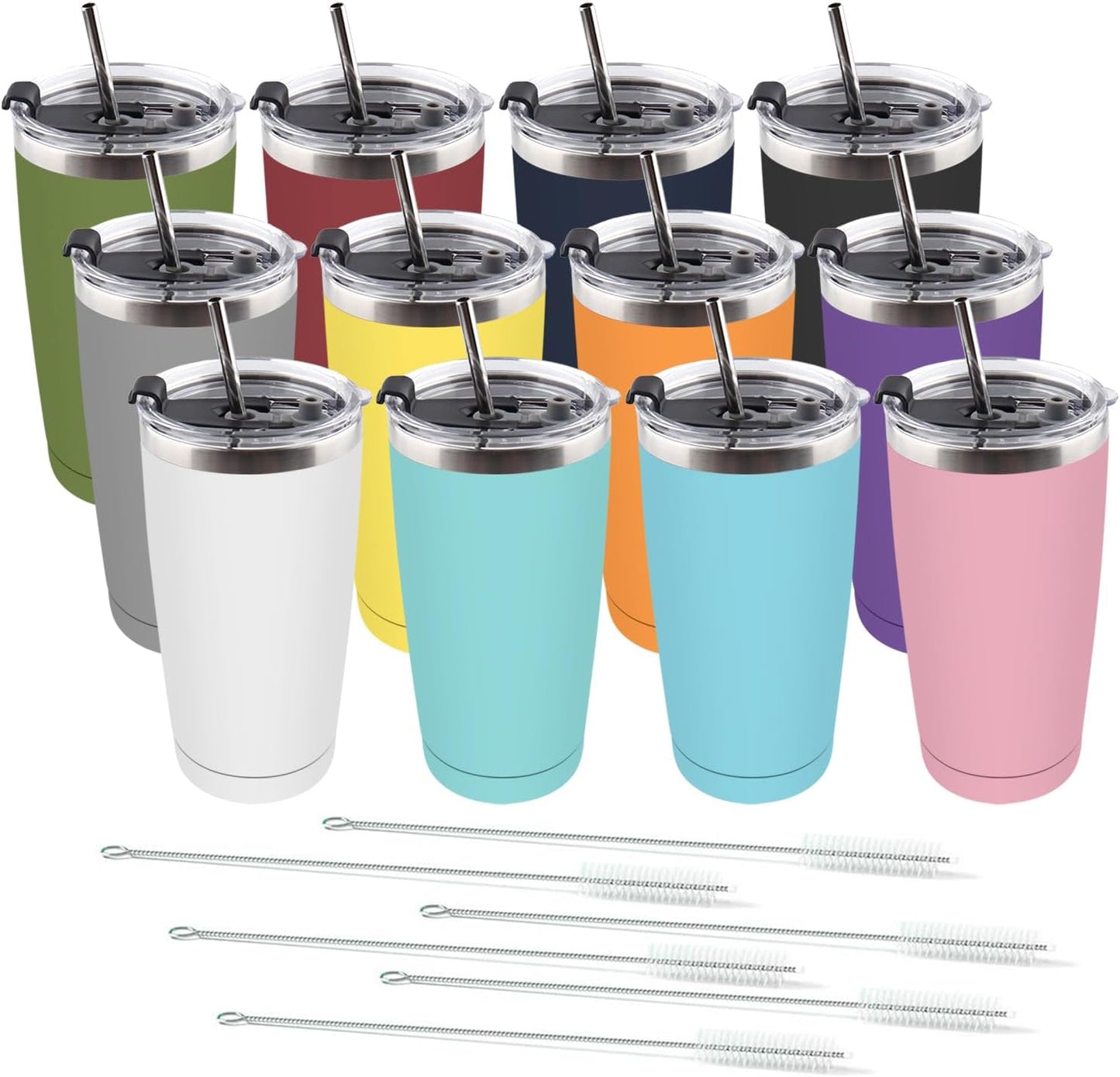 Amtidy 16 Pack 20oz Stainless Steel Tumbler with Lid, Powder Coated Vacuum Insulated Tumbler Cup, With straw and cleaning brushDouble Wall Coffee Tumbler, Powder Coated Travel Mug