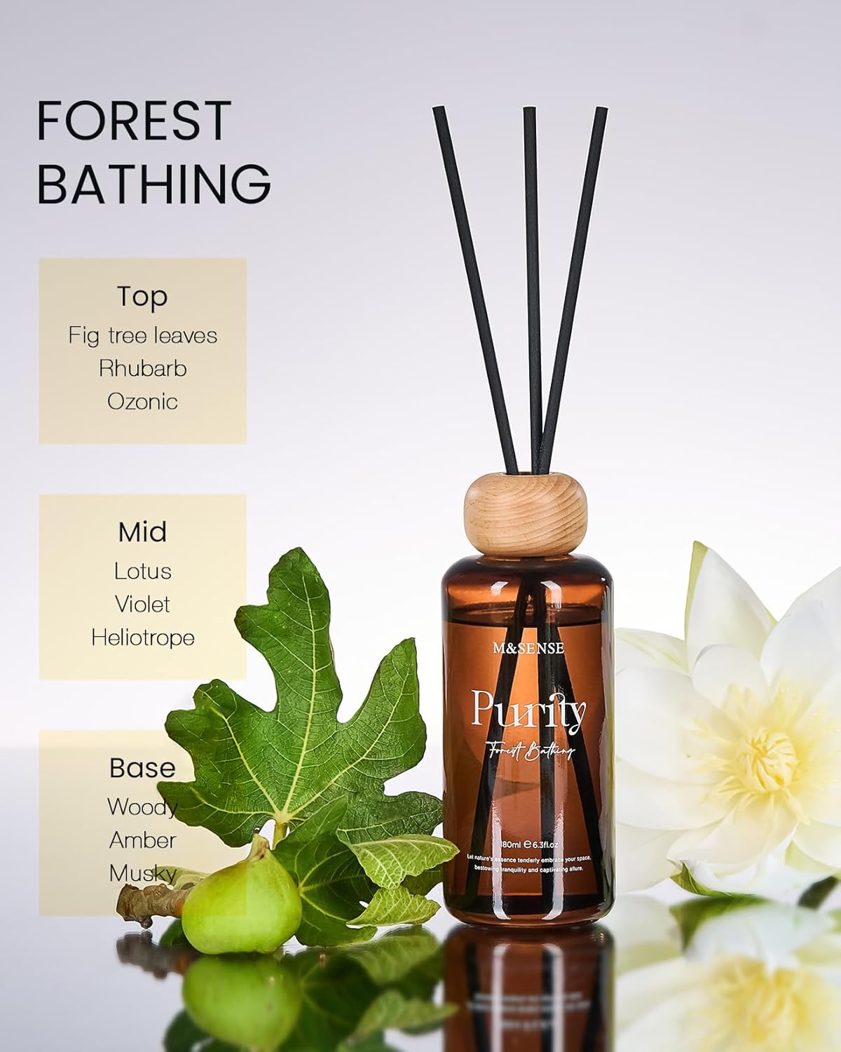 M&SENSE Summer Bathing Reed Diffuser: 6.3 fl oz Fig & Lotus Scented Aroma Set with Light & Subtle Fragrance, Long-Lasting Non-Toxic Natural Essential Oil Diffuser for Office Shelf Decor Small Spaces