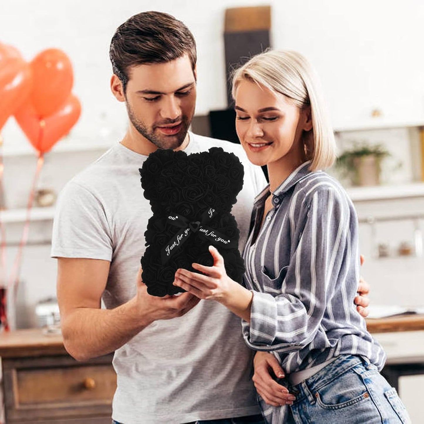 Artificial Rose Flower Bear,Perfect Romantic Gift for Her, Valentine's Mother's Day, Christmas, Birthday,Thanksgiving Party Anniversary Girl Friend Wife with Heart-Shaped Diamond Black.