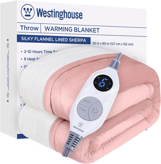 Westinghouse Heated Blanket Throw, Soft Flannel to Sherpa Electric Blanket with 10 Heating Levels, 12 Hours Auto Off, Fast Heating, Machine Washable, 50x60 Inch, Pink