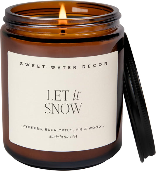 Sweet Water Decor Let it Snow Christmas Scented Candles - Christmas Stocking Stuffers Soy Candles with Cypress Scent - Christmas Candles with 40 Hours Burn Time - 9Oz Black Lid Amber Jar Wax Candles