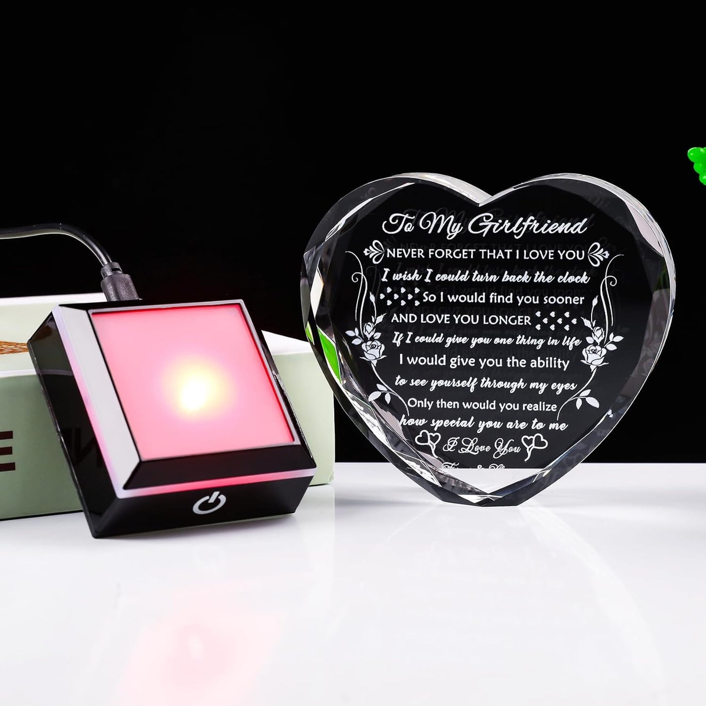 YWHL Gifts for Girlfriend with Colorful LED Base, Anniversary Birthday Gifts for Girlfriend from Boyfriend, Romantic Crystal Heart Keepsake Present for Her on Valentine Christmas