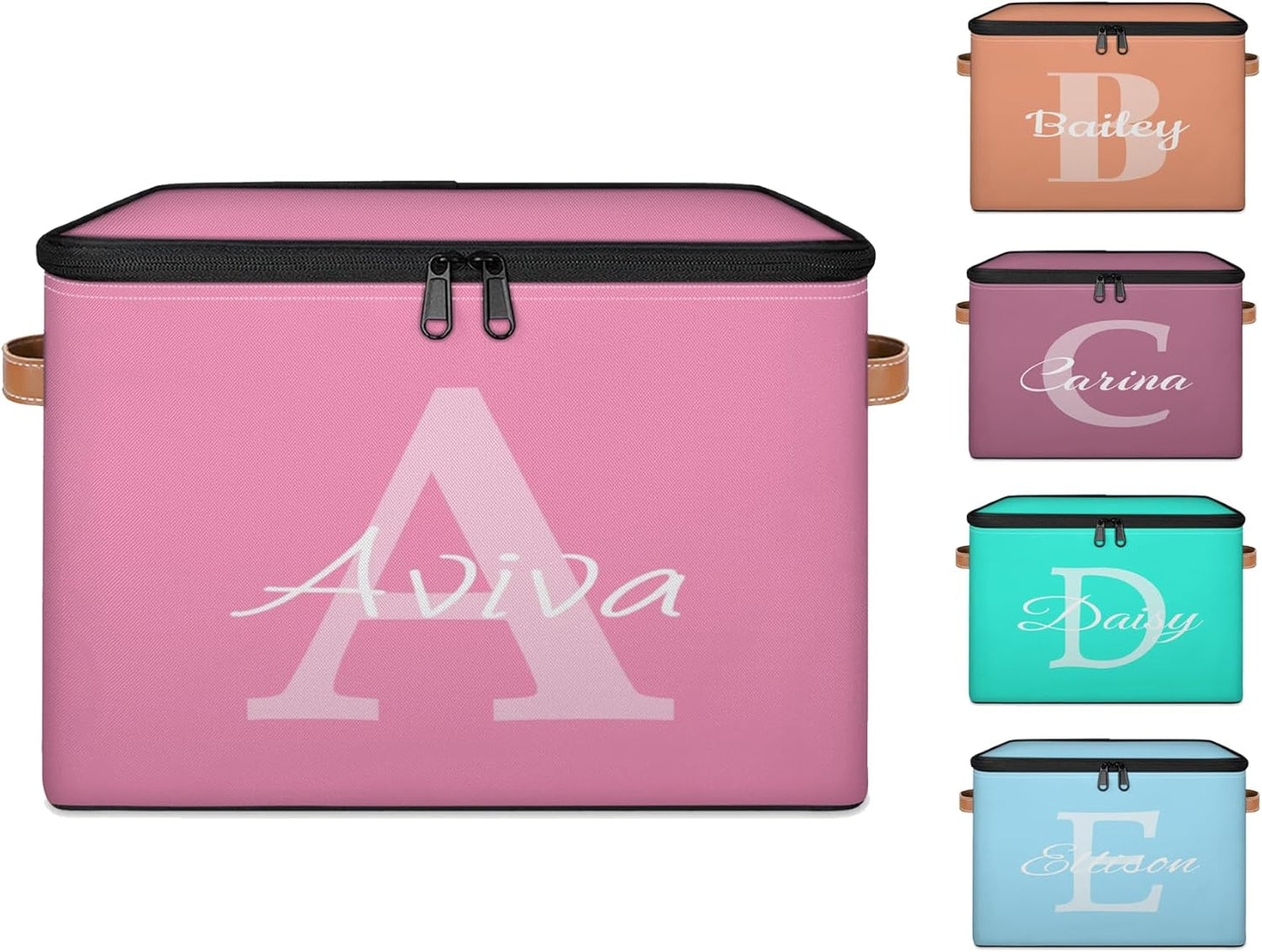 Custom Storage Basket with Name, Personalized Storage Bins with Zipper Lid, Foldable Fabric Storage Box Large capacity with Handle Pink