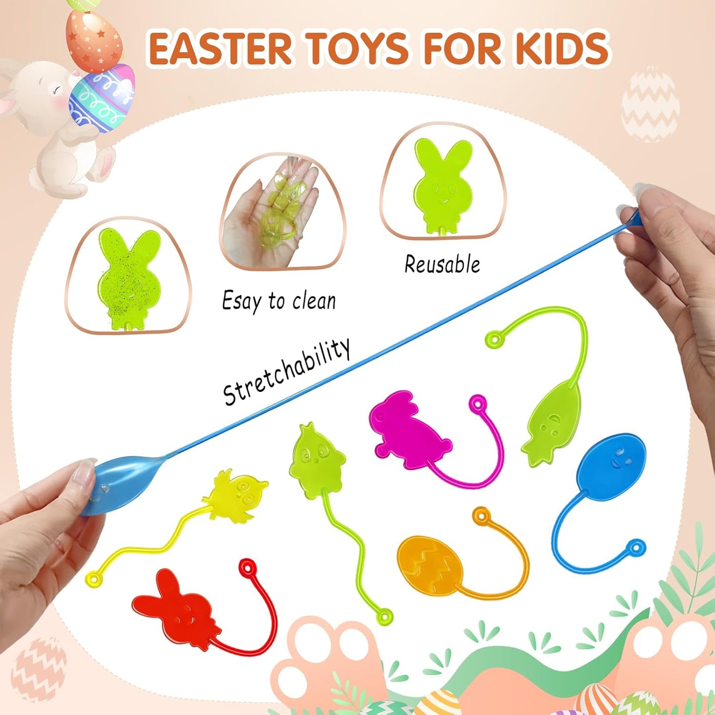 Easter Sticky Hands Bulk 42 PCS Party Favors for Kids Easter Egg Fillers Basket Stuffers Stretchy Sticky Hand Toy Goodie Bag Stuffers Classroom Prizes for Kids Toys Carnival Birthday Party Supplies