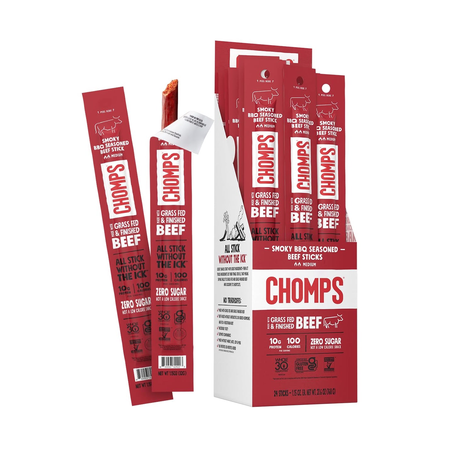 Chomps Grass-Fed and Finished Smoky BBQ Seasoned Beef Jerky Snack Sticks 24-Pack - Keto, Paleo, Whole30, 10g Lean Meat Protein, Gluten-Free, Zero Sugar Food, Non-GMO
