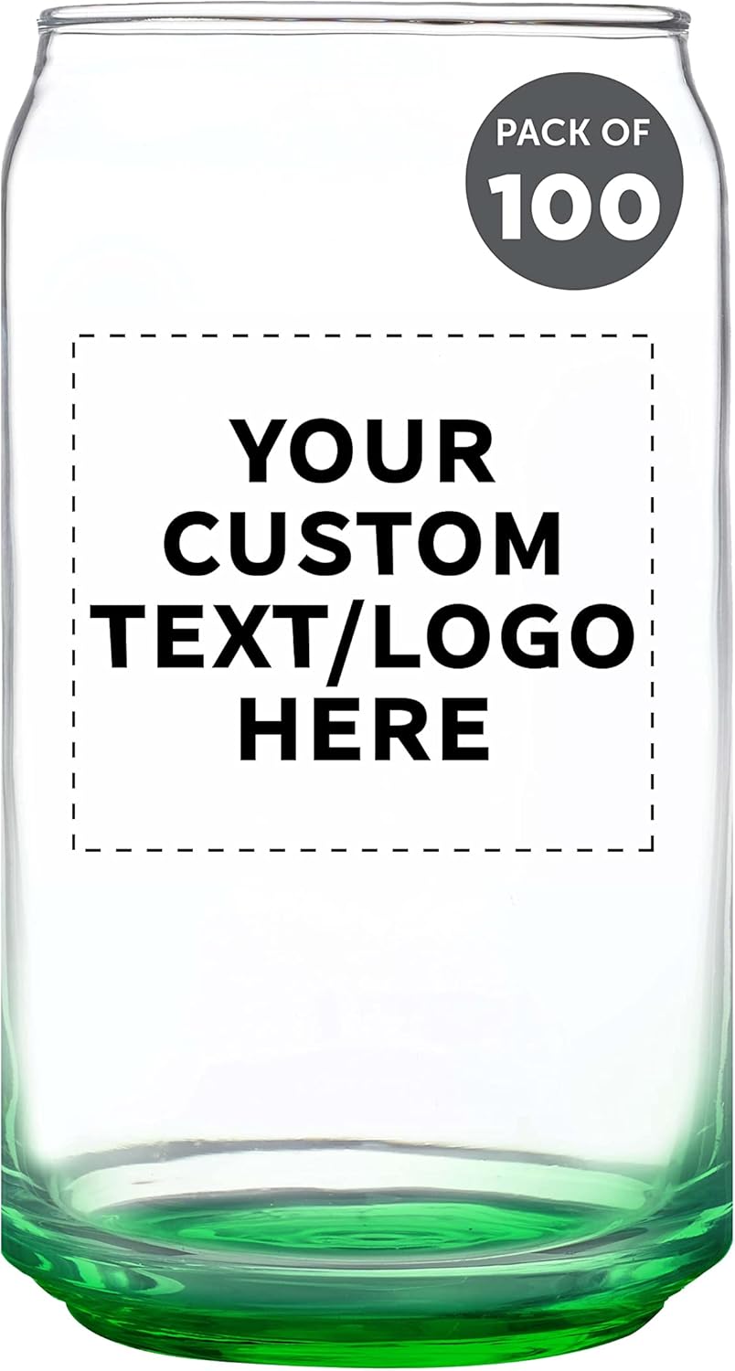 Custom Beer Can Glasses Set of 100, 16 oz. Pint Sized, Promotional Text, Logo, Soda Can Shape, Glassware, Green