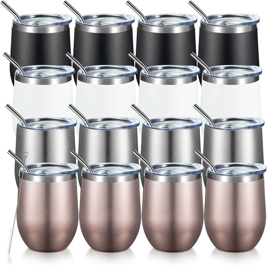 COMOOO Stainless Steel Wine Tumbler with Lid and Straw 12oz Double Wall Vacuum Insulated Travel Tumbler Cup for Coffee, Wine, Cocktails, Champagne (Black White Silver and Rose Gold, 16 Pack)