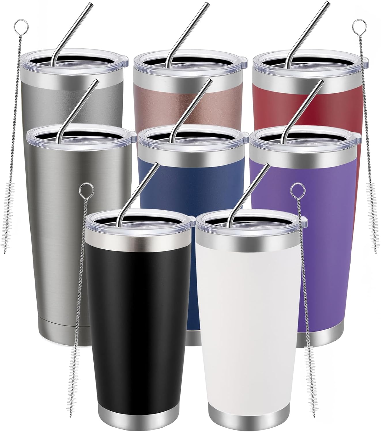 MEWAY 20oz Tumbler 8 Pack Double Wall Vacuum Insulated Travel Mug Bulk, Mix Color Stainless Steel Tumblers with Lid and Straw, Durable Powder Coated Coffee Cups for Cold & Hot Drinks(Mix Color, 8