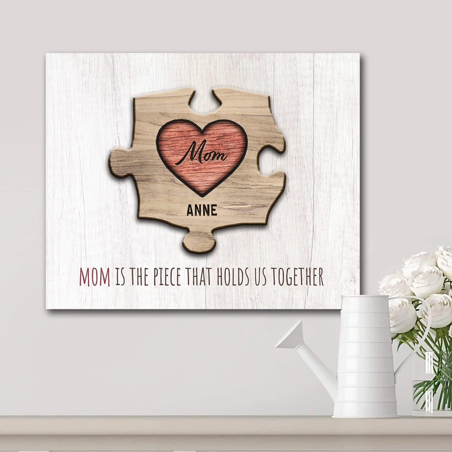 Personal-Prints MOM & Children Personalized HEART Puzzle Wall Art | Unique Customized with up to 8 Names | Mother’s Day, Birthday or Christmas Gift (16"x20" Stretched Canvas, 1 Child)