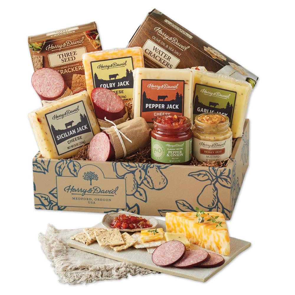 Harry & David Grand Meat And Cheese Gift Box, Food Gift Basket For All Occasions, Charcuterie Platter With 4 Chesse Blocks, 4 Sausages, 2 Sets Of Crackers, Relish & Honey Mustard Sauces