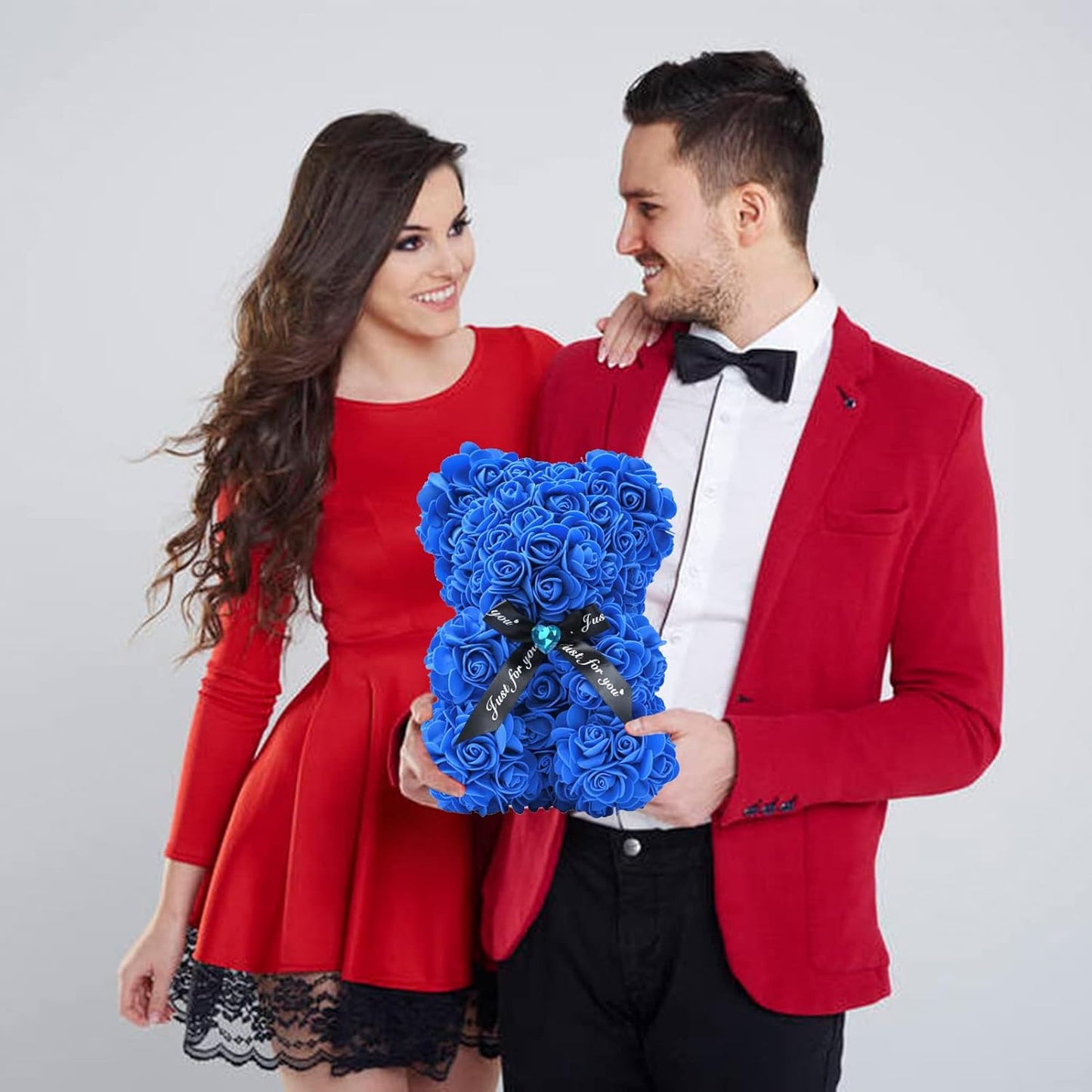 Artificial Rose Flower Bear,Perfect Romantic Gift for Her, Valentine's Mother's Day, Christmas, Birthday,Thanksgiving Party Anniversary Girl Friend Wife with Heart-Shaped Diamond,Sapphire Bule