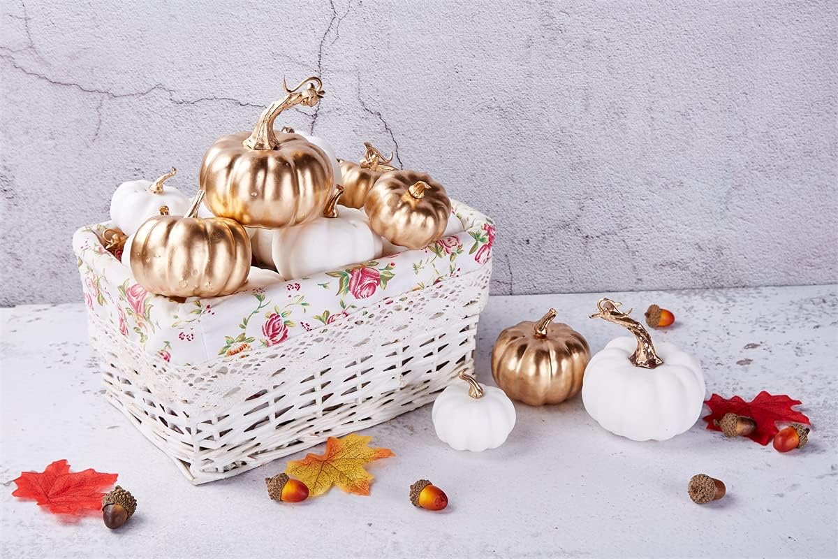 Artmag 16 Pcs Assorted Fall Artificial Pumpkins Harvest White Faux Pumpkins and Gold Plating Pumpkins for Halloween Fall Thanksgiving Decorating Displaying