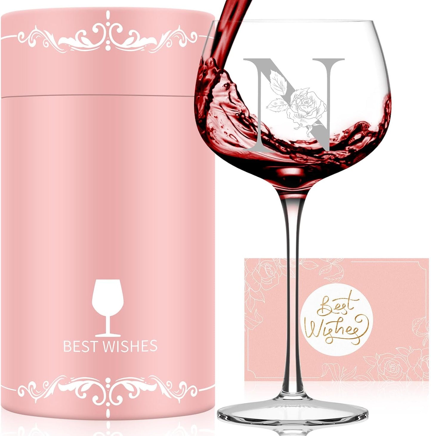 Personalized Gifts for Women, Monogrammed A-Z Wine Glass Customized Gift, Unique Christmas Birthday Gifts for Women Her Mom Friend Sister Wife Daughter Nurse (N)