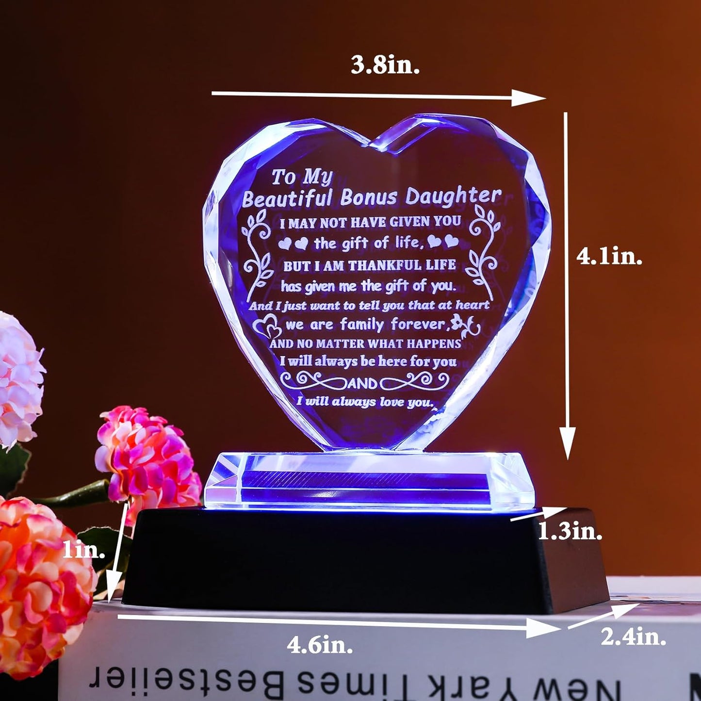 YWHL Bonus Daughter Gifts from Mom Dad, To My Bonus Daughter Gifts Heart Shaped Glass Keepsake with Colorful Light Base, Gift for Stepdaughter on Birthday Christmas Graduation