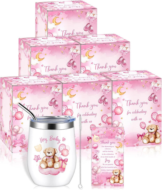 Hoolerry 6 Set Baby Shower Game Prizes for Guests Winners 12 oz Insulated Stainless Steel Tumbler Cup with Lids, Straws, Cleaning Brush, Cards & Boxes Return Gifts(Pink,Pink Bear)