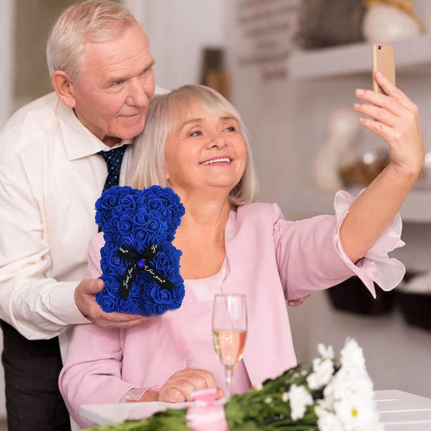 Artificial Rose Flower Bear,Perfect Romantic Gift for Her, Valentine's Mother's Day, Christmas, Birthday,Thanksgiving Party Anniversary Girl Friend Wife with Heart-Shaped Diamond,Sapphire Bule
