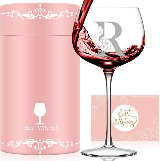 Personalized Gifts for Women, Monogrammed A-Z Wine Glass Customized Gift, Unique Christmas Birthday Gifts for Women Her Mom Friend Sister Wife Daughter Nurse (R)