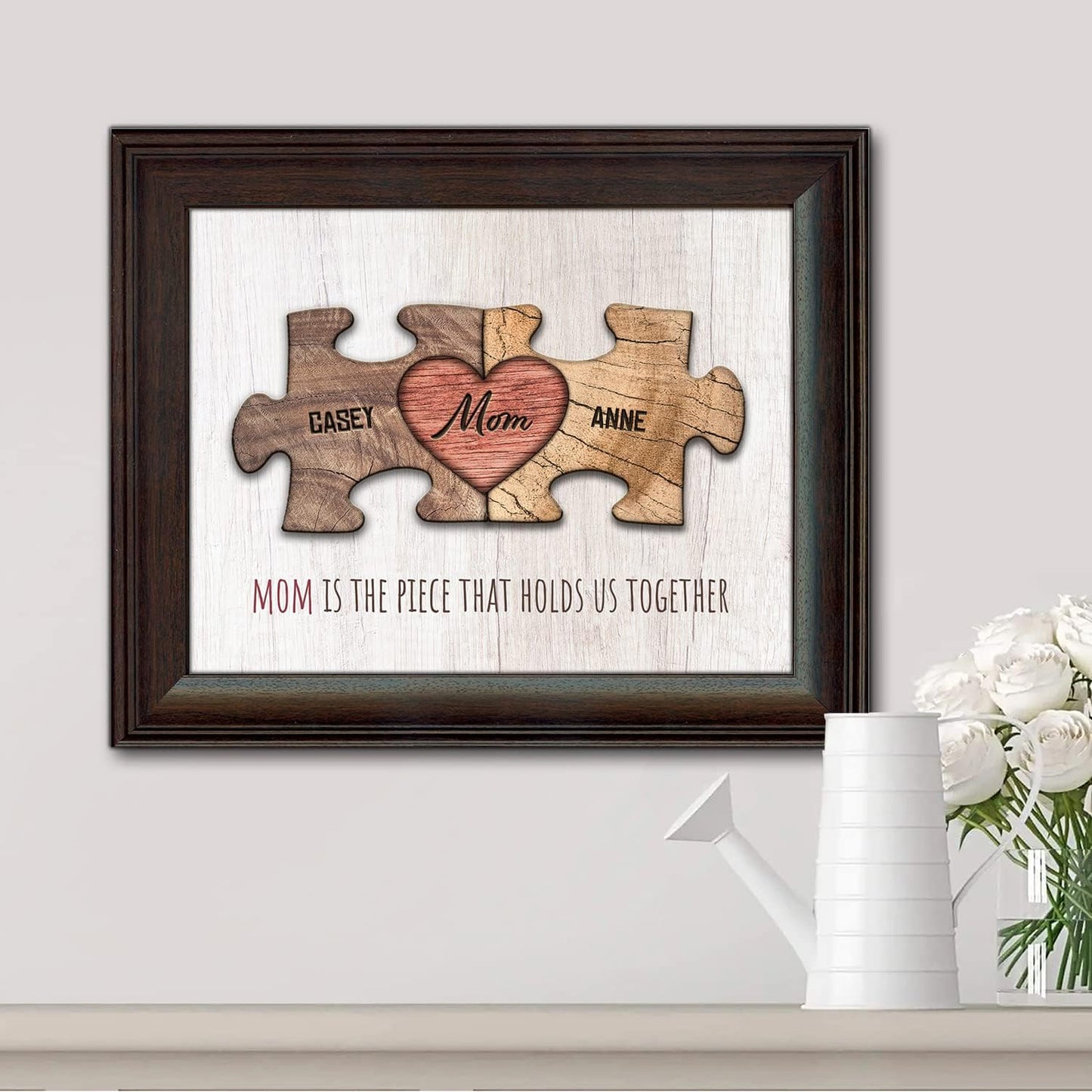 Personal-Prints MOM & Children Personalized HEART Puzzle Wall Art | Unique Customized with up to 8 Names | Mother’s Day, Birthday or Christmas Gift (13"x16" Framed Paper Print, 2 Children)