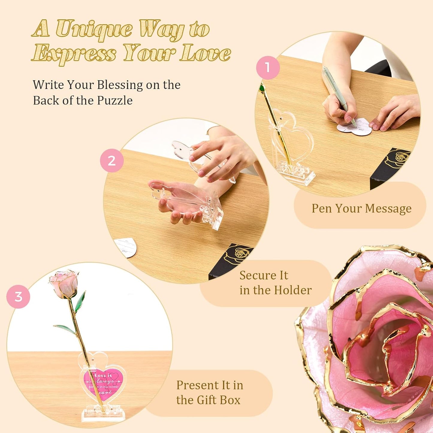 Mikasol Real 24K Gold Dipped Realistic Rose – Timeless Lifelike Bloom with Heart Puzzle Base – Romantic Gradient Pink Flower Gift for Her, Wife, Girlfriend, Mom – Birthday, Anniversary, Mother’s Day