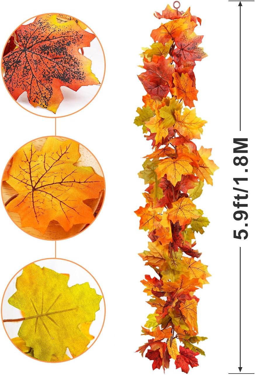 wohohoho 6 Packs Artificial Fall Leaves Garland, 5.9Ft/Pieces Autumn Maple Leaves Mantle Garland Hanging Vines for Home Decor Wedding Halloween Thanksgiving Christmas Indoor Outdoor Decorations