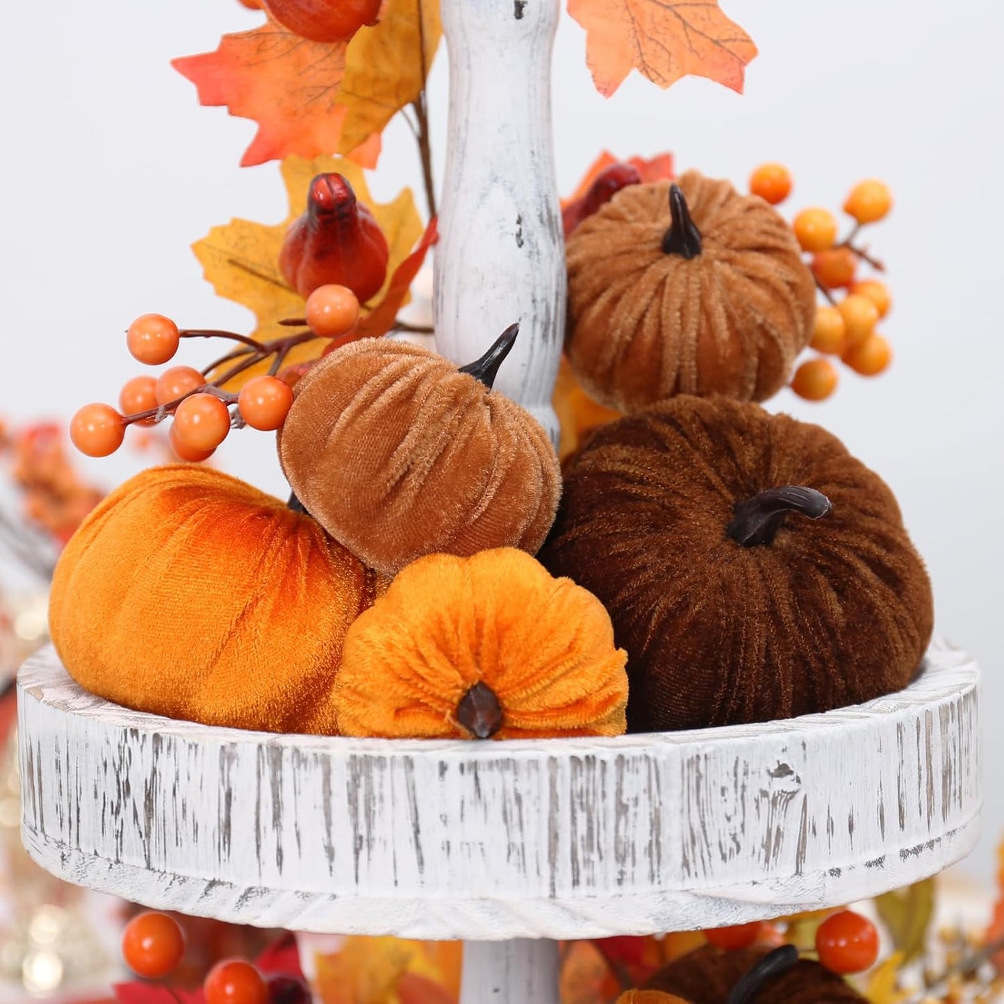 17 Pack Fall Artificial Velvet Pumpkins Decorations, Foam Faux Flocked Pumpkin Including Wooden Hello Pumpkins Sign, for Home Autumn Harvest Theme Party Halloween Thanksgiving Table Decor.