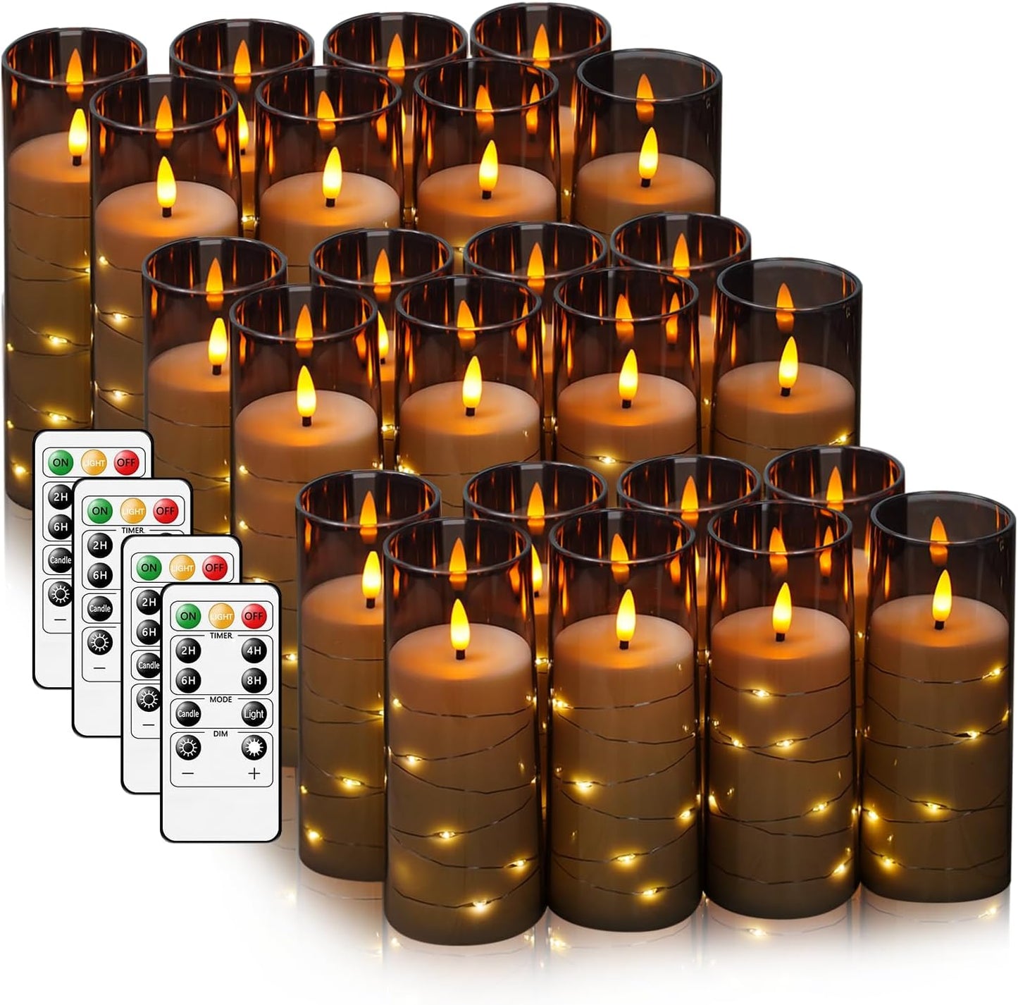 Flameless LED Candles with Timer 24 Pc Flickering Flameless Candles for Romantic Ambiance and Home Decoration Stable Acrylic Shell,with Embedded Star String,Battery Operated Candles(Grey)