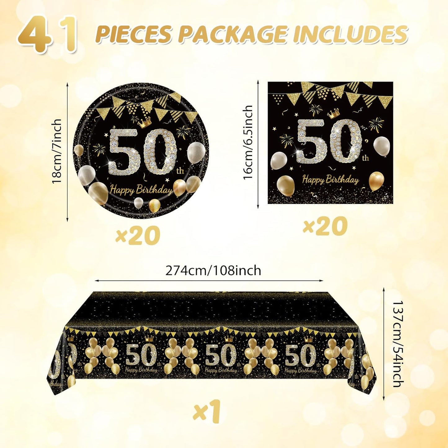 41Pcs 50th Birthday Decorations for Men Women, Black Gold 50 Year Old Birthday Party Supplies Include 20 Plates 20 Napkins and 1 Tablecloth, Black Gold 50 Aged Birth Party Tableware