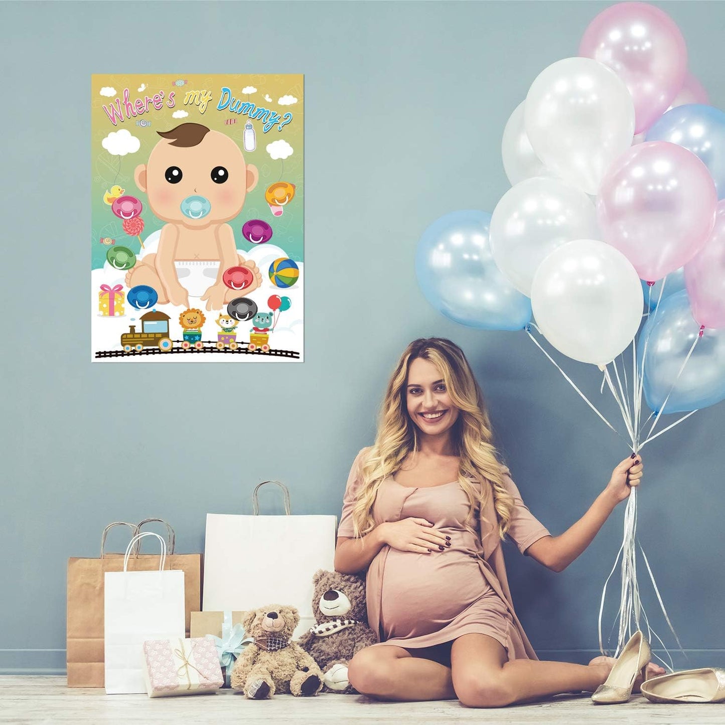 Fepito Baby Shower Party Games - Pin The Dummy On The Baby Game with 24pc Pacifier Stickers