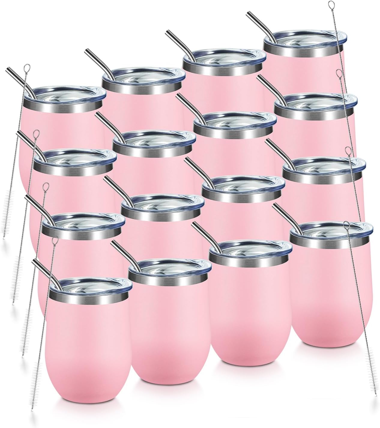 COMOOO Stainless Steel Wine Tumbler Glass Bulk with Lid and Straw 12oz Double Wall Vacuum Insulated Travel Tumbler Cup for Coffee Wine Cocktails Ice Cream Cup, Pink, 16 pack