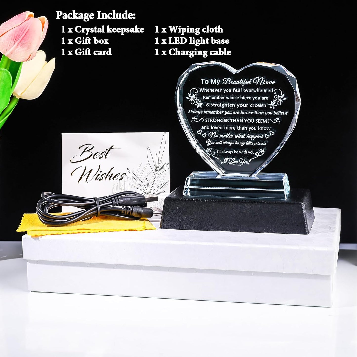 YWHL Niece Gifts from Auntie Uncle Inspirational Birthday Graduation Gifts for Niece Crystal heart keepsake with Light Base to My Niece Gifts Christmas Valentine Day Mothers Day Present from Aunt