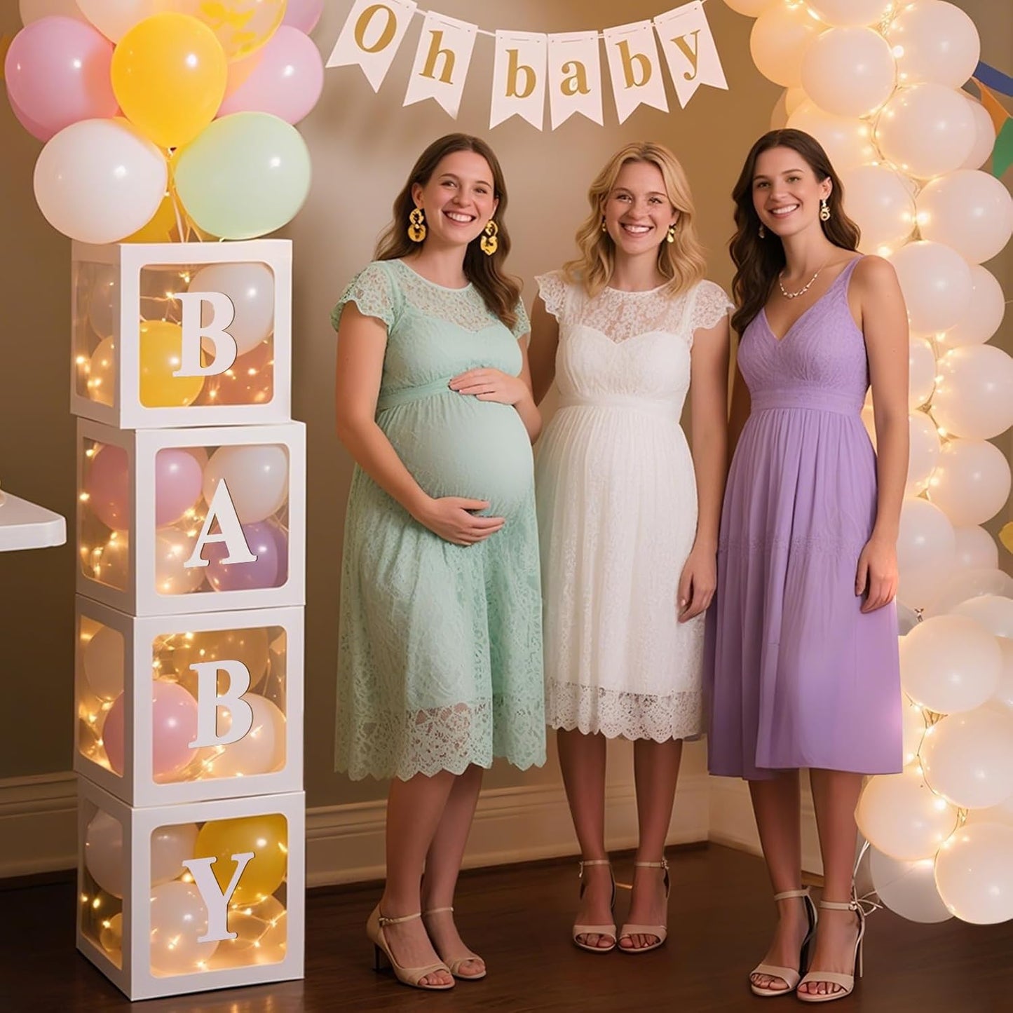Ledido Baby Boxes with Letters for Baby Shower Decorations, 4 Pcs Transparent Balloon Boxes Blocks with Fairy String Lights, Clear Balloon Boxes for Boy Girl Gender Reveal Party Backdrop (White)