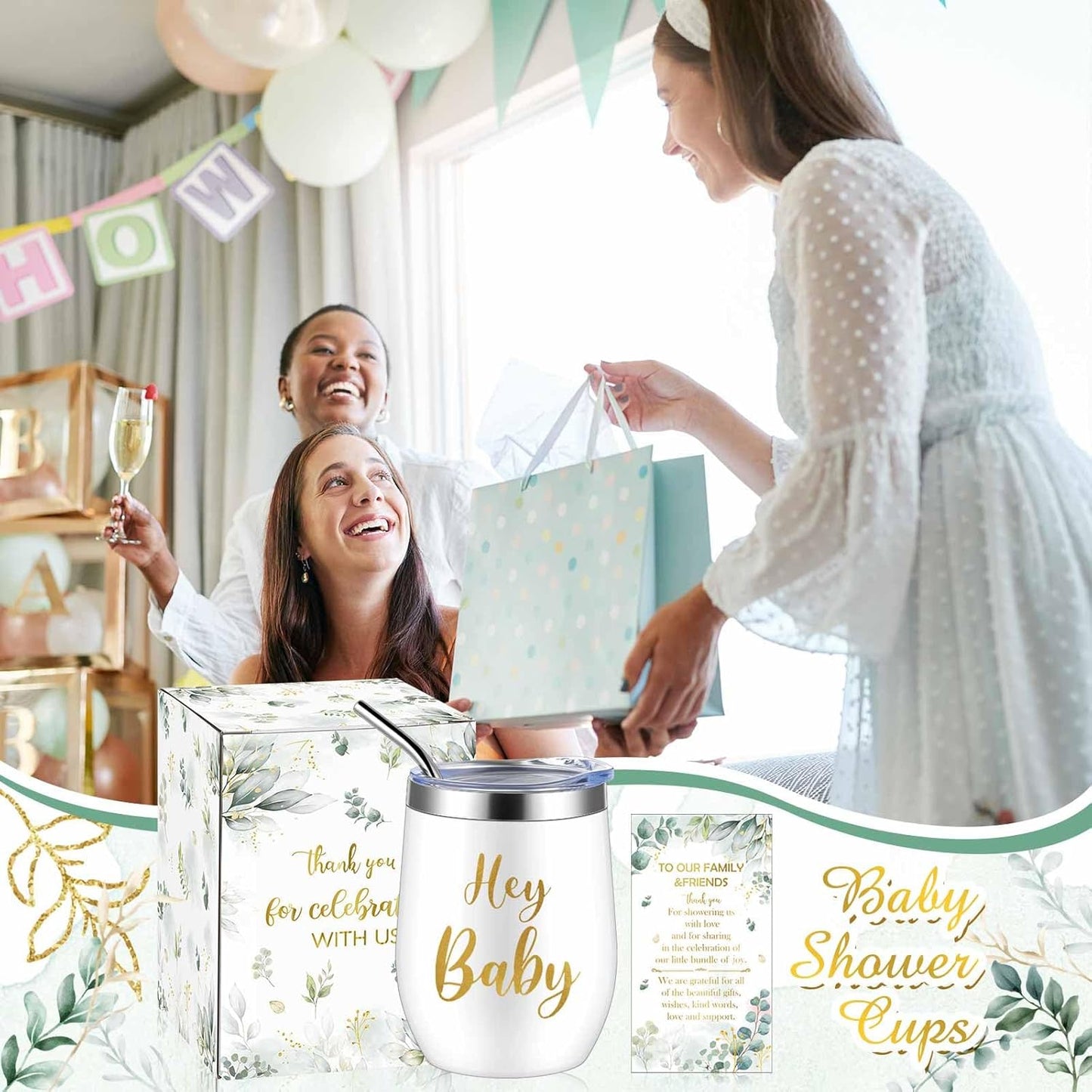 Hoolerry 6 Set Baby Shower Game Prizes for Guests Winners 12 oz Insulated Stainless Steel Tumbler Cup with Lids, Straws, Cleaning Brush, Cards & Boxes Return Gifts(White Green,Greenery)