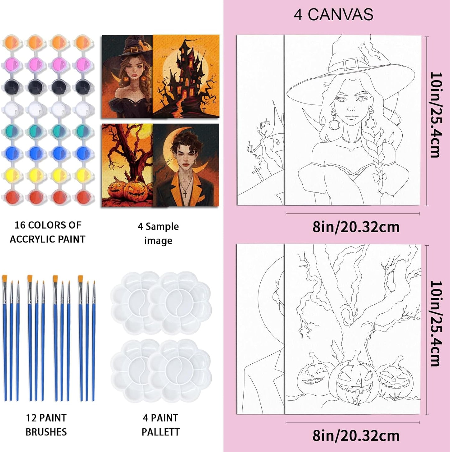 4 Pack Pre Drawn Canvas to Paint for Adults Halloween Sip and Paint Kit Party Supplies Couples Painting Kit Date Night Canvas Painting Kit Stretched Canvas for Painting 8 x 10 Inch