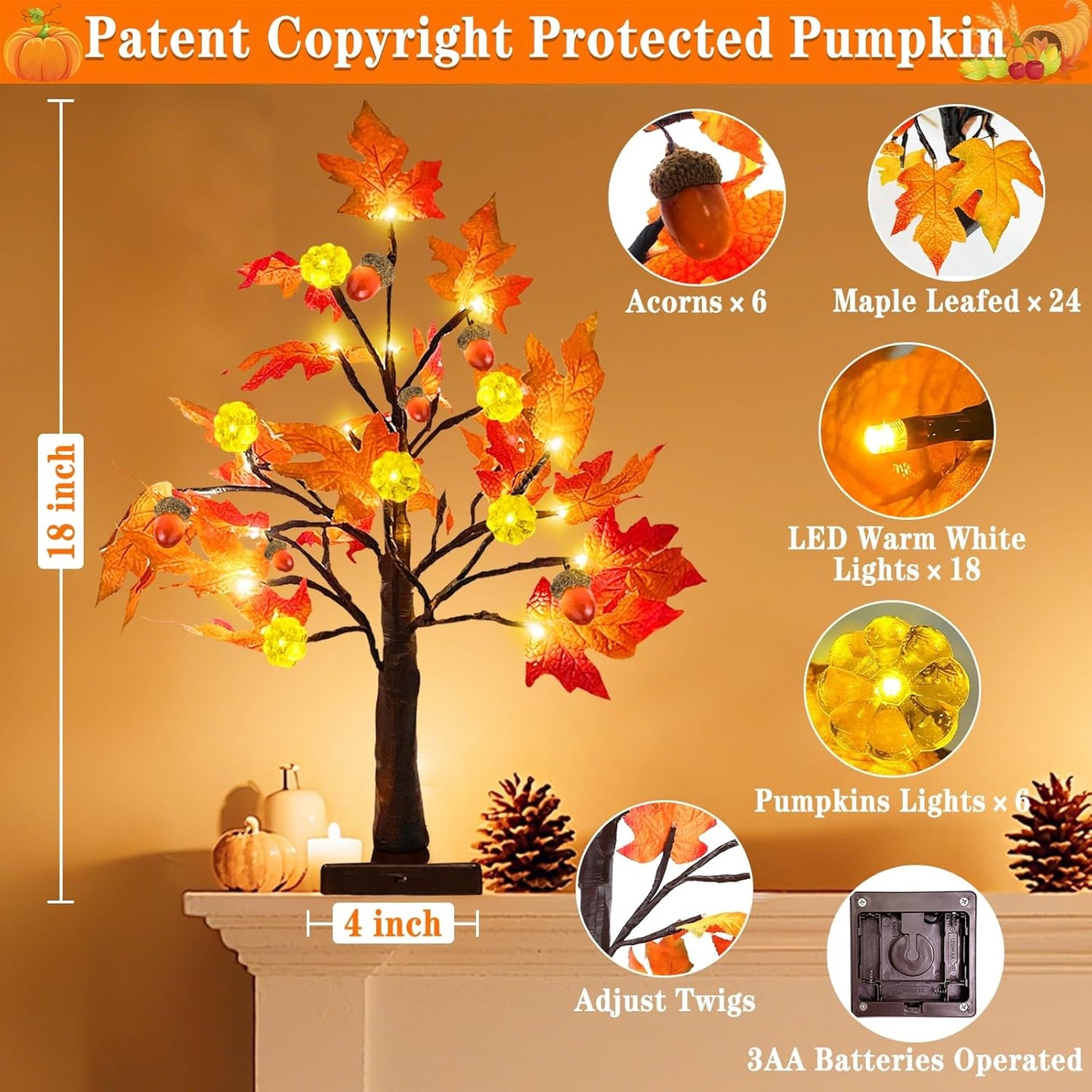 TURNMEON Fall Decor 2 Pack 18 Inch Prelit Fall Maple Tree Thanksgiving Fall Decorations for Home with 48 LEDs Timer Battery Operated Pumpkin Lights 6 Acorn Tabletop Halloween Decorations Indoor Autumn