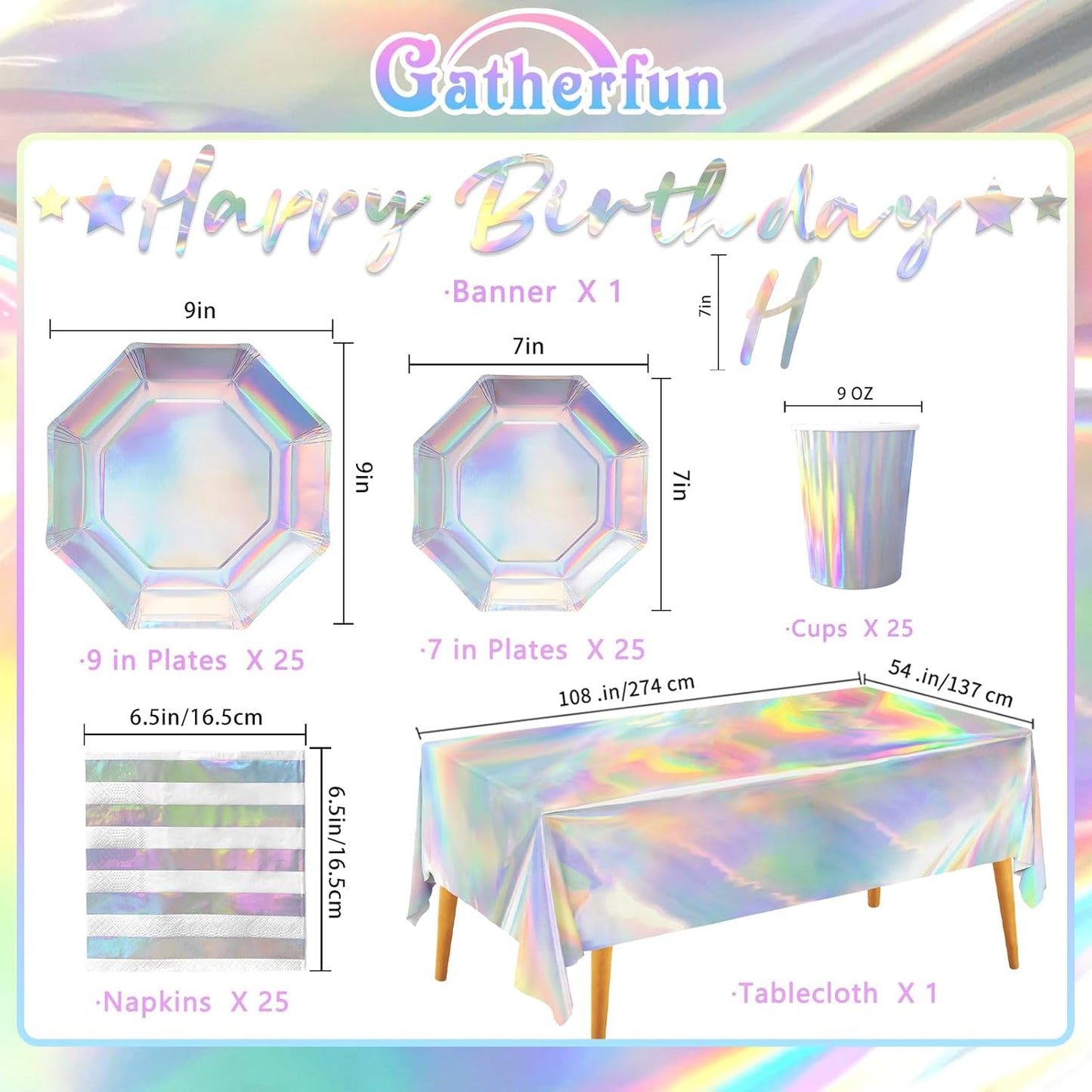 Iridescent Party Supplies - Disposable Paper Plates, Cups, Napkins, Tablecloth & Banner - Ideal for Mermaid Themed Events & Birthday or Wedding Party Decoration - Serves 25