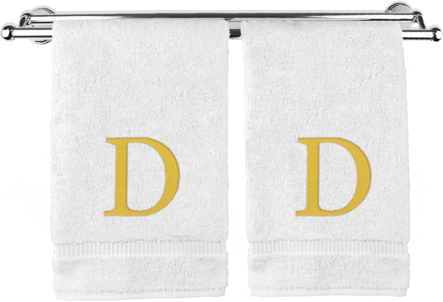 Monogrammed Hand Towel, Personalized Gift, Set of 2- Gold Block Letter Embroidered Towel - Extra Absorbent 100% Turkish Cotton - Soft Terry Finish - Initial D White
