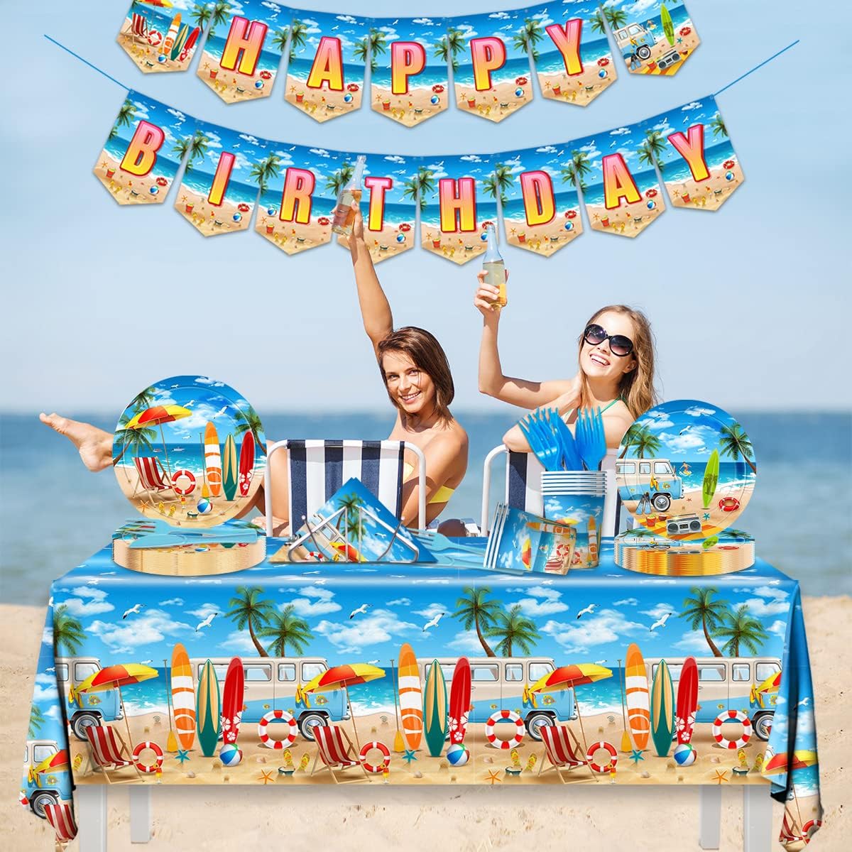 Beach Birthday Party Supplies - 142PCS Hawaiian Pool Party Decoration Including Beach Dinner Plates,Tablecloth for Summer Beach Tropical Baby Shower Birthday Decoration
