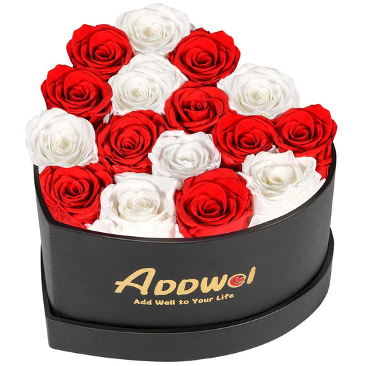 ADDWel Preserved Real Red and White Roses Bouquet for Her Anniversary, Mothers Day Flower Gifts for Women, 16-Pieces Eternal Roses That Lasts for 3 Years in Heart-Shape Box for Wife Girlfriend Mom