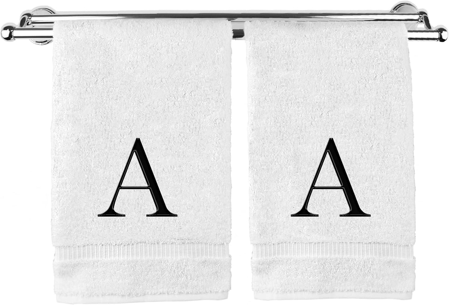 Monogrammed Hand Towel, Personalized Gift, Set of 2- Black Block Letter Embroidered Towel - Extra Absorbent 100% Turkish Cotton - Soft Terry Finish - Initial A White