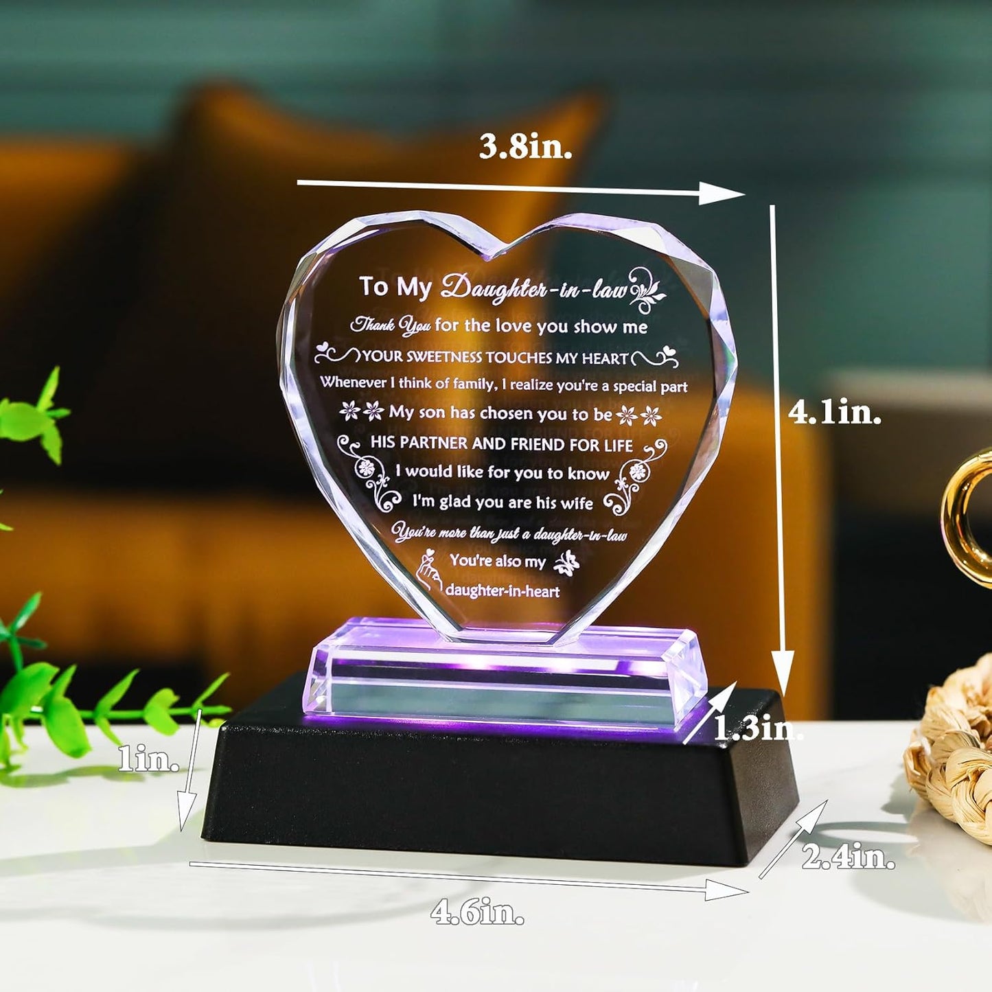 YWHL Daughter in Law Gifts from Mother in Law, Wedding Christmas Mothers Day Birthday Gifts for Daughter in Law Crystal Keepsake with Light Base