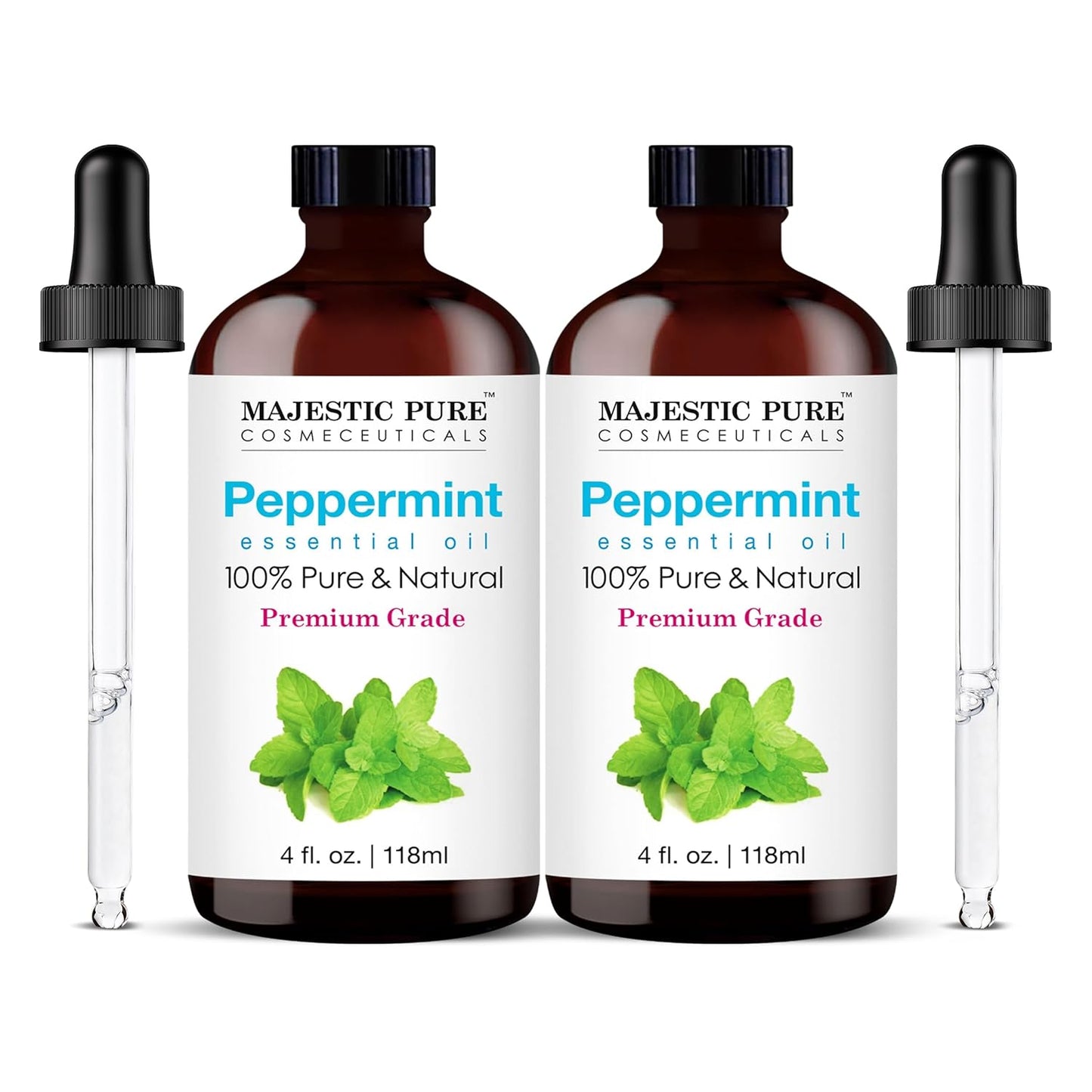 Majestic Pure Peppermint Essential Oil with Glass Dropper - 4 Fl Oz Pack of 2-100% Pure and Natural Peppermint Oil - Premium Grade Essential Oils for Diffuser, Aromatherapy, Soap and Candle Making